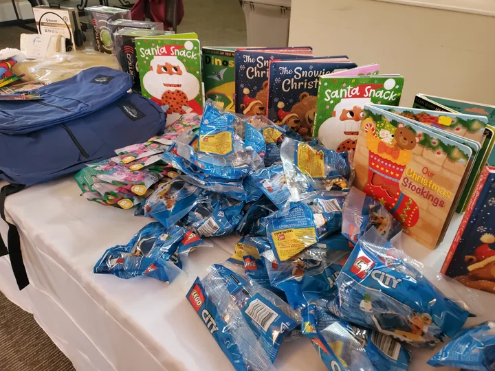 Toys arranged for a GSG holiday toy giveaway