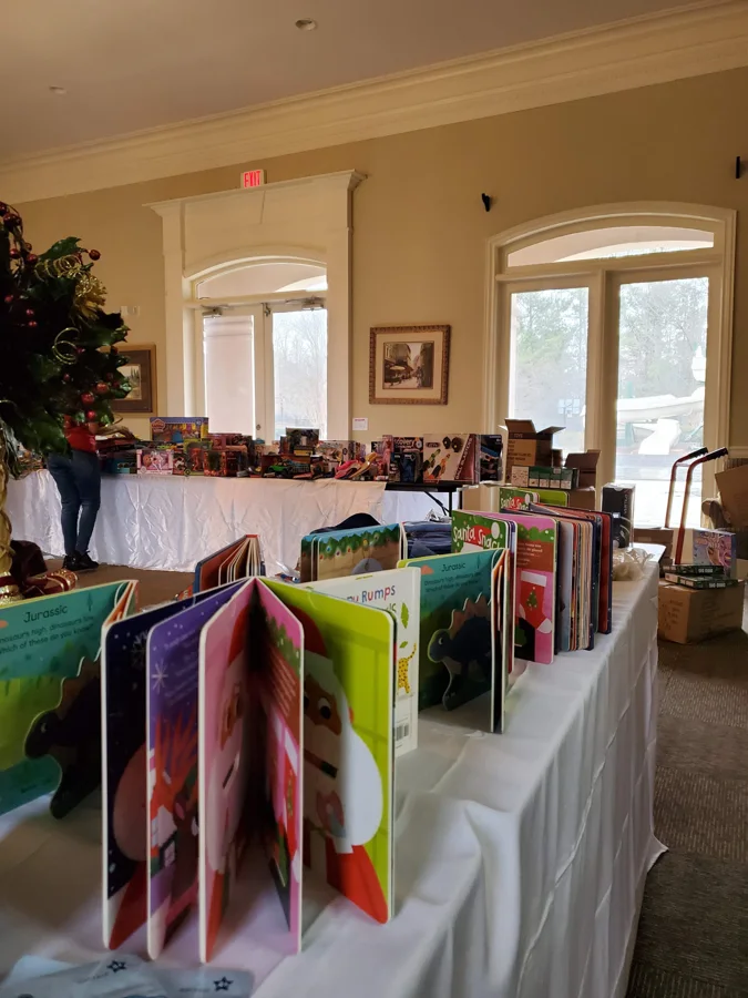 Gift bags prepared for a holiday toy giveaway